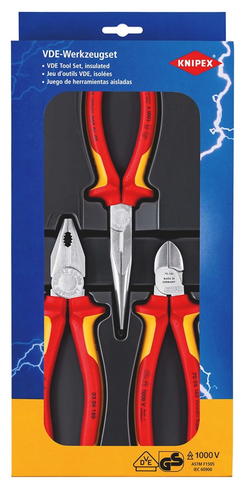 KNIPEX 00 20 12 Elektro tangen set 1 x 03 06 180, 1 x 26 16 200, 1 x 70 06 160