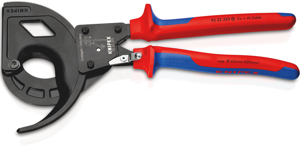 KNIPEX 95 32 320 Kabelschaar (ratelprincipe, 3-gangen) met meer-componenten greep zwart geatramentee