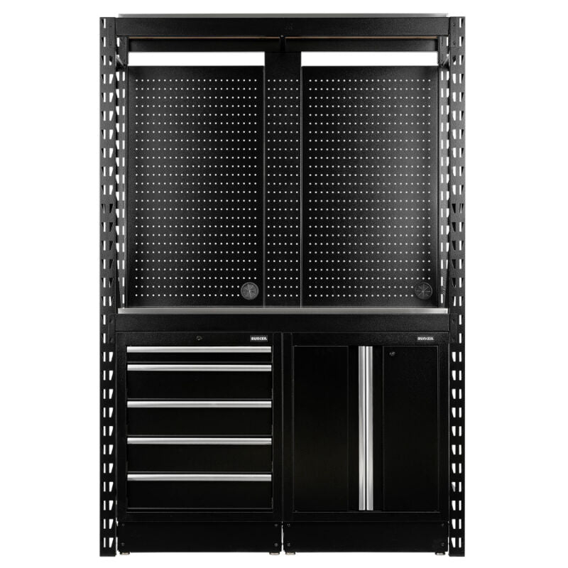 BUNKER Opbergrek met geperforeerde achterwand en 2 vloerkasten, 1500x2210x520mm (D27972)