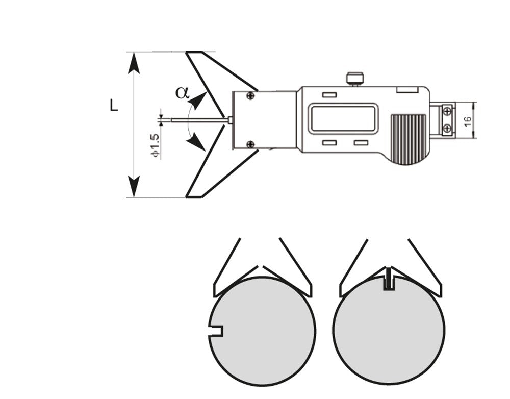 Digitale diepteschuifmaat 0-50mm hoekmeetbrug 120°, voor assen 5-200mm