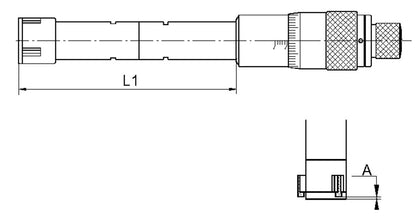 Driepunt binnen micrometer 30-40mm met ring, voor blinde gaten