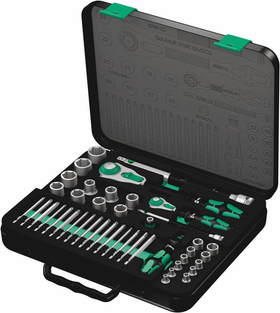 8100 SA/SC 2 ZYKLOP SPEED RATEL- EN DOPPENSET, 1/4"-AANDRIJVING EN 1/2"-AANDRIJVING, METRISCH, 43-D