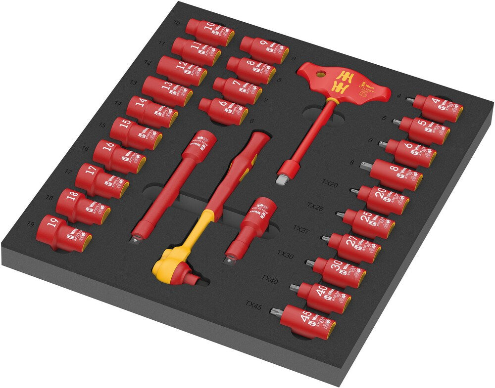 9726 Schuimrubberen inzetstuk met 8007 B Zyklop VDE ratelset 1, 3/8", 28-delig