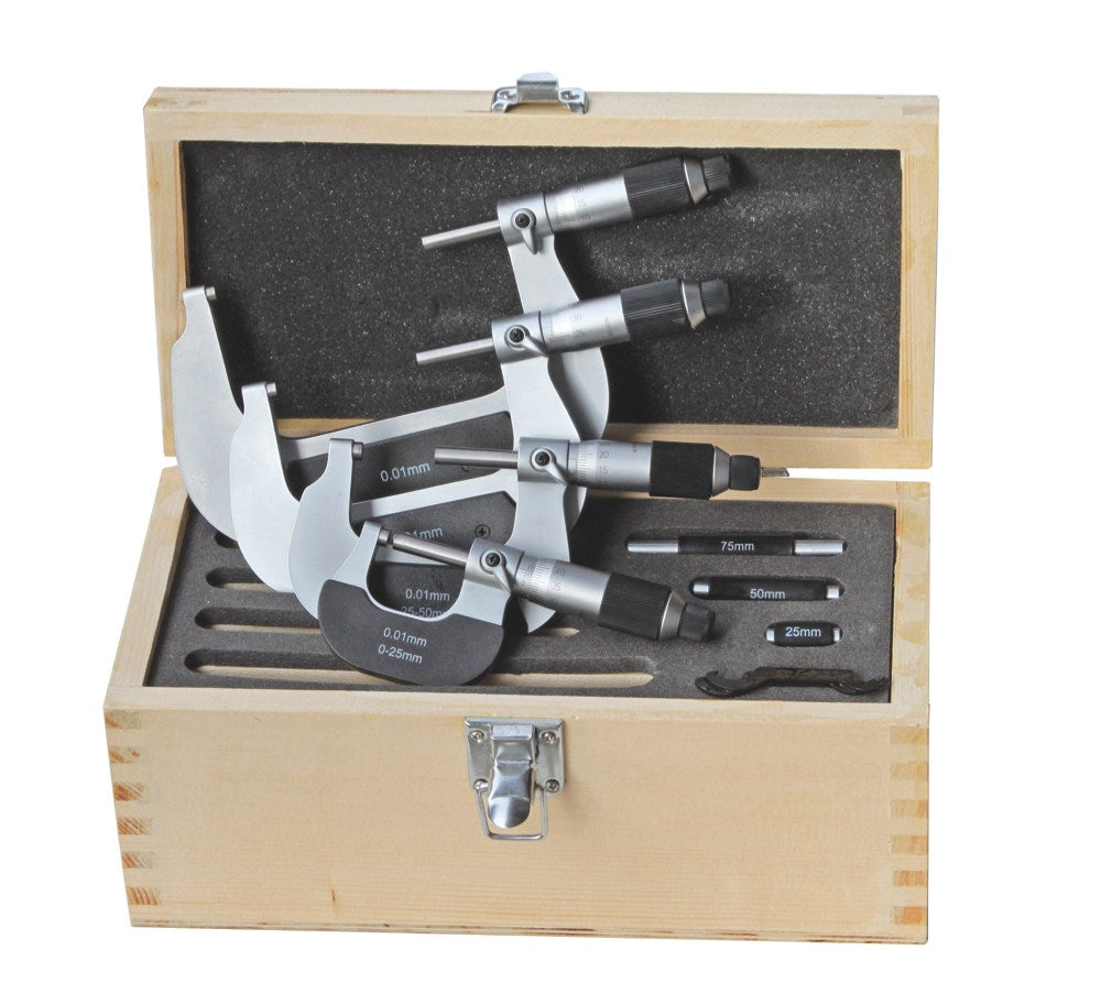 Precisie micromet. in 4-dlg set 0-100mm 0,01mm met frictieratel in houten kist