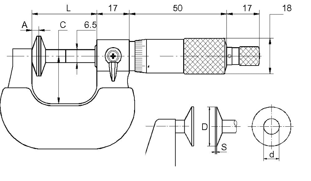 Micrometer 25-50mm met 20mm meetvlakken Aflezing 0,01mm