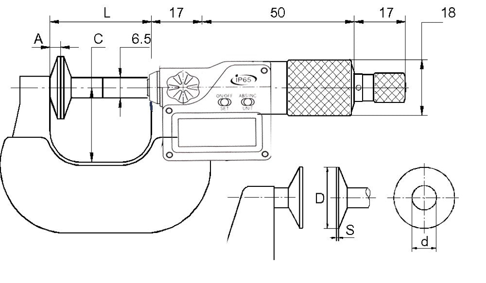 Digitale micrometer 0-25mm met 20mm meetvlakken, aflezing 0,01mm IP65