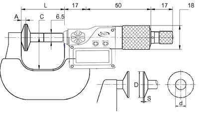 Digitale micrometer 0-25mm met 20mm meetvlakken, aflezing 0,01mm IP65