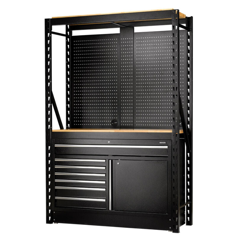 BUNKER Opbergrek met geperforeerde achterwand en 2 vloerkasten, 1500x2210x520mm (D28005)