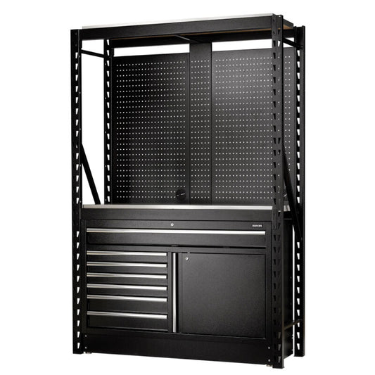 BUNKER Opbergrek met geperforeerde achterwand en 2 vloerkasten, 1500x2210x520mm (D28075)