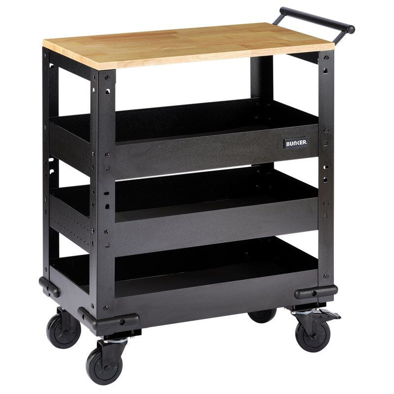 BUNKER Werkplaatstrolley met hardhouten werkblad, 3 schappen, 71cm (D11495)